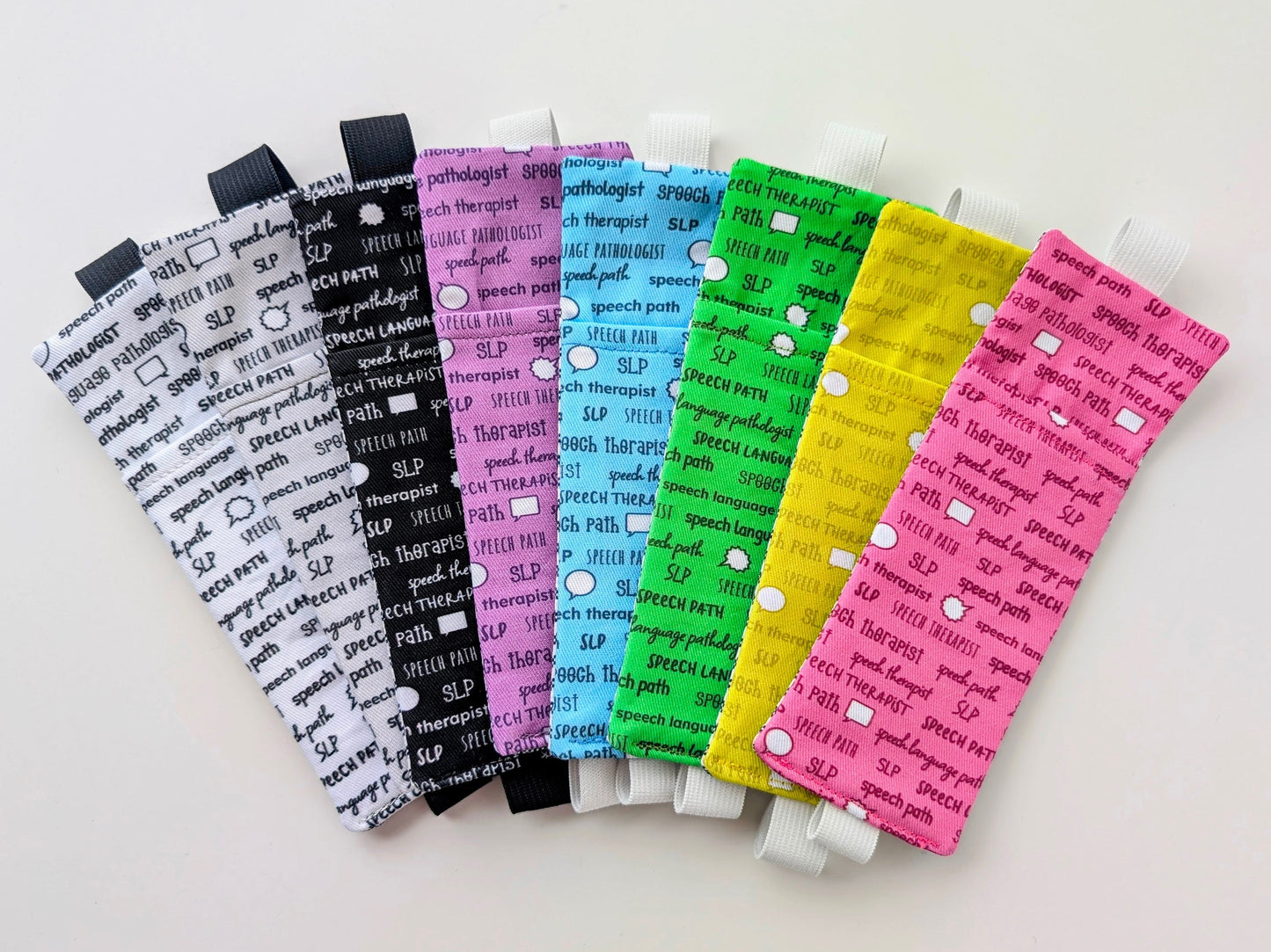 Set of colorful slp (speech language pathology) bookmarks on a white background