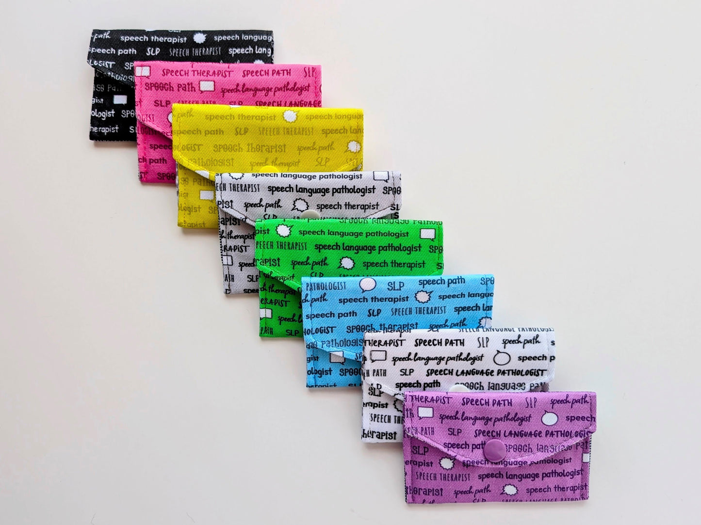 Colorful pouches with text on a white background