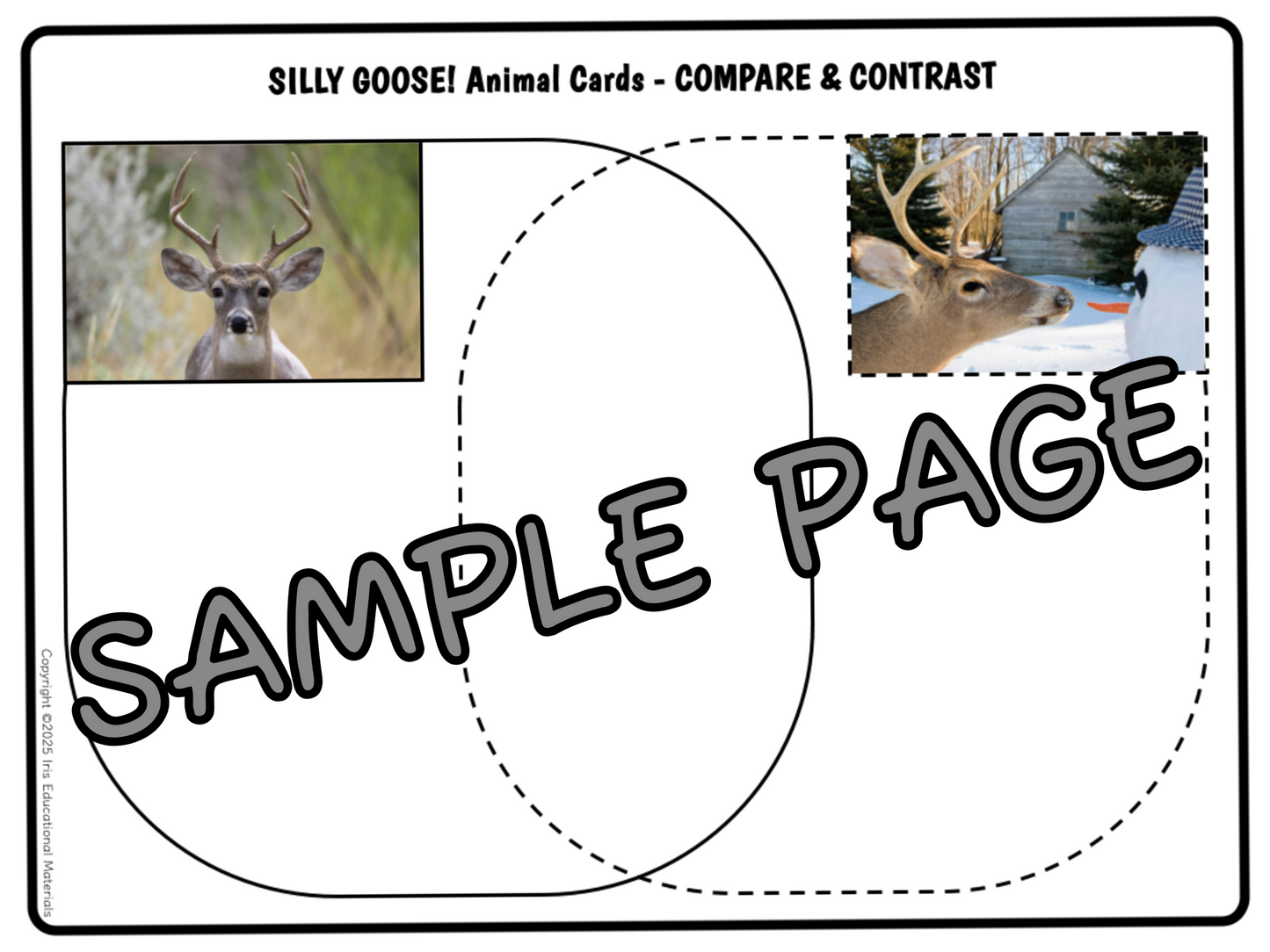 Worksheet sample page with two images of a deer and text about compare and contrast.