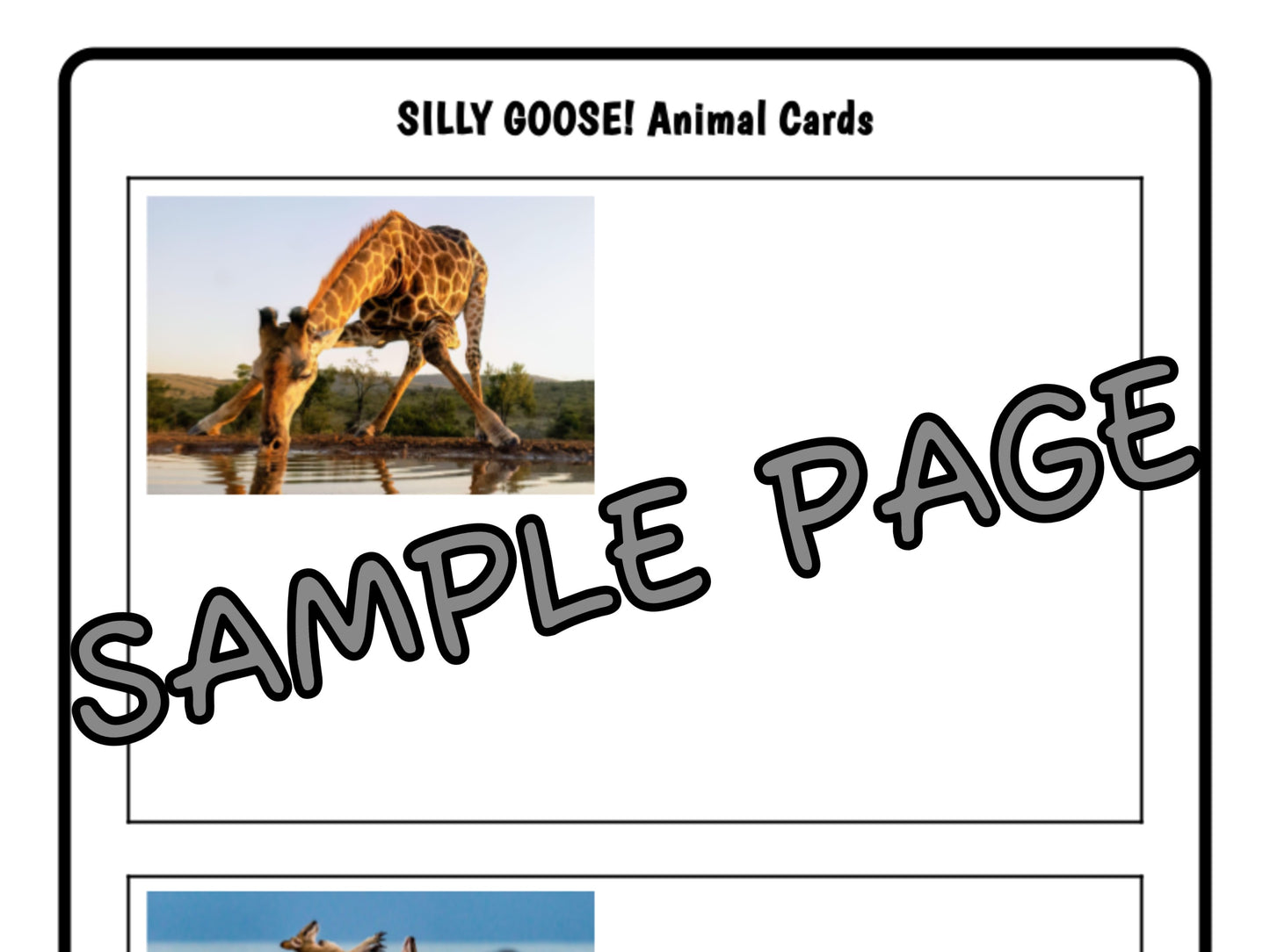 Worksheet sample page with a giraffe at a watering hole.