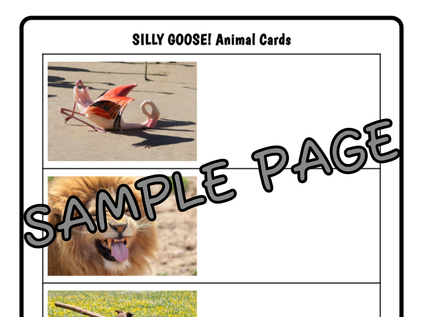Worksheet sample page with images of a flamingo and a lion.