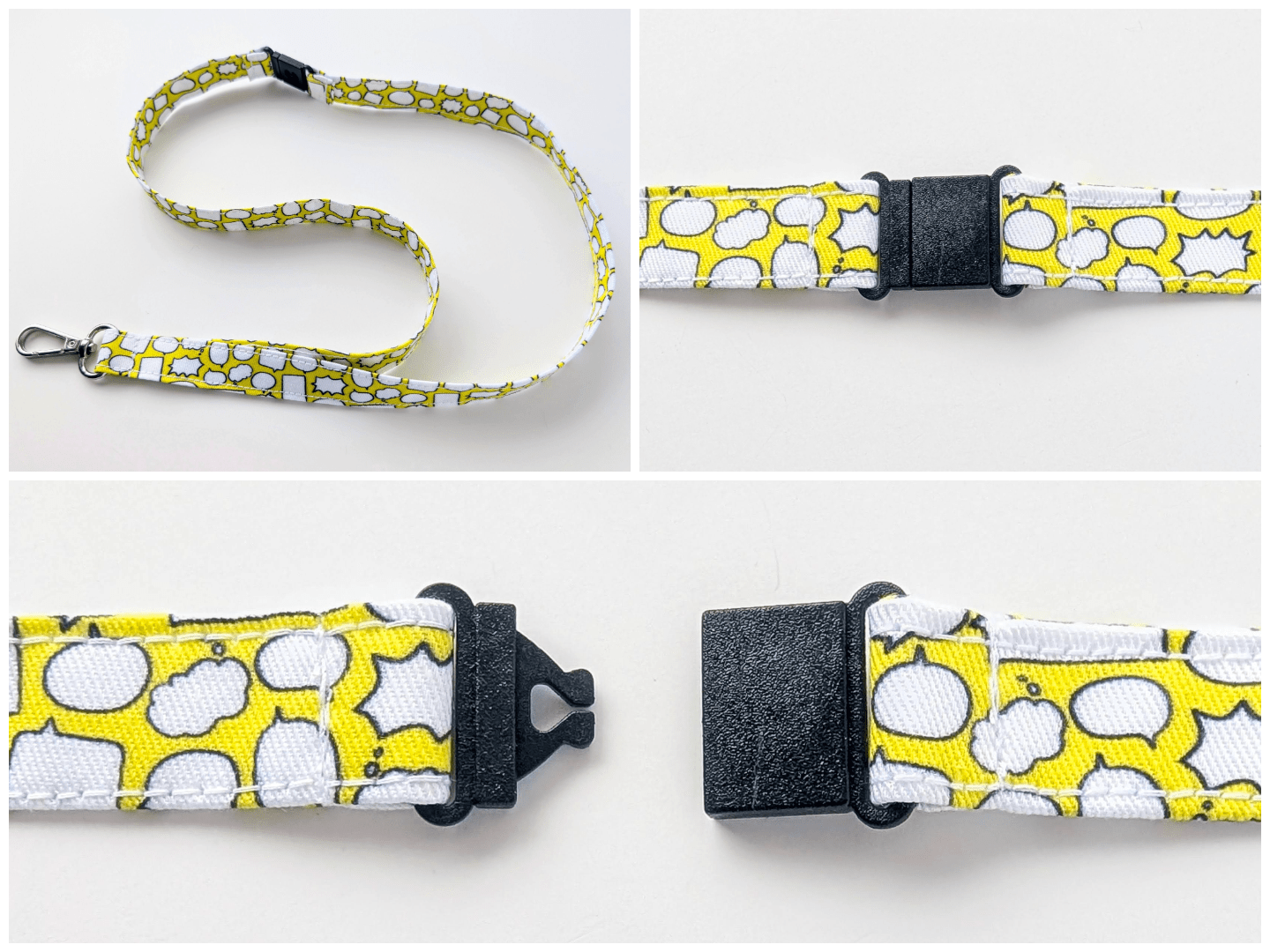 Collage of a yellow and white patterned lanyard with black clip on a light gray background