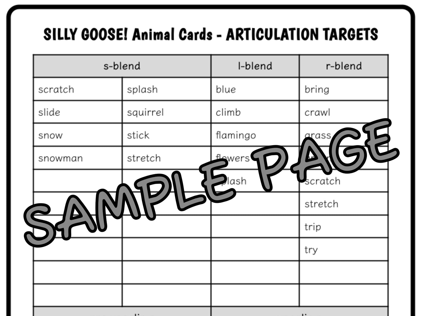 Worksheet sample page with articulation targets for s-blend, l-blend, and r-blend sounds.