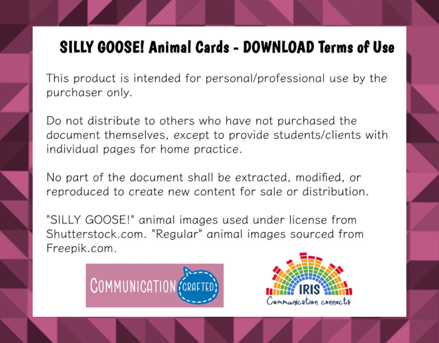 Terms of use document for SILLY GOOSE! Animal Cards with branding logos on a geometric patterned background.