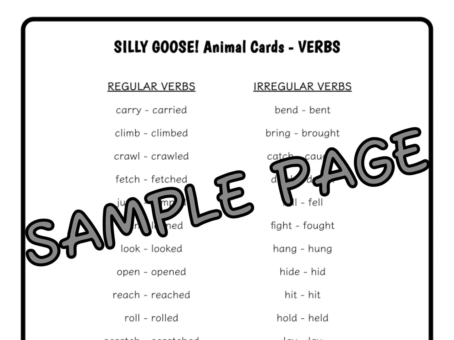 Worksheet sample page with lists of regular and irregular verbs, labeled 'Silly Goose! Animal Cards - Verbs'.