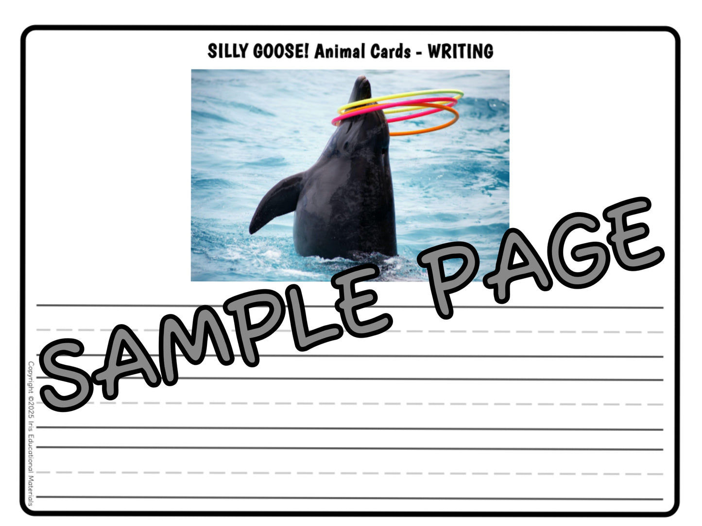 Worksheet sample page with a picture of a dolphin playing with hula hoops and lined paper.