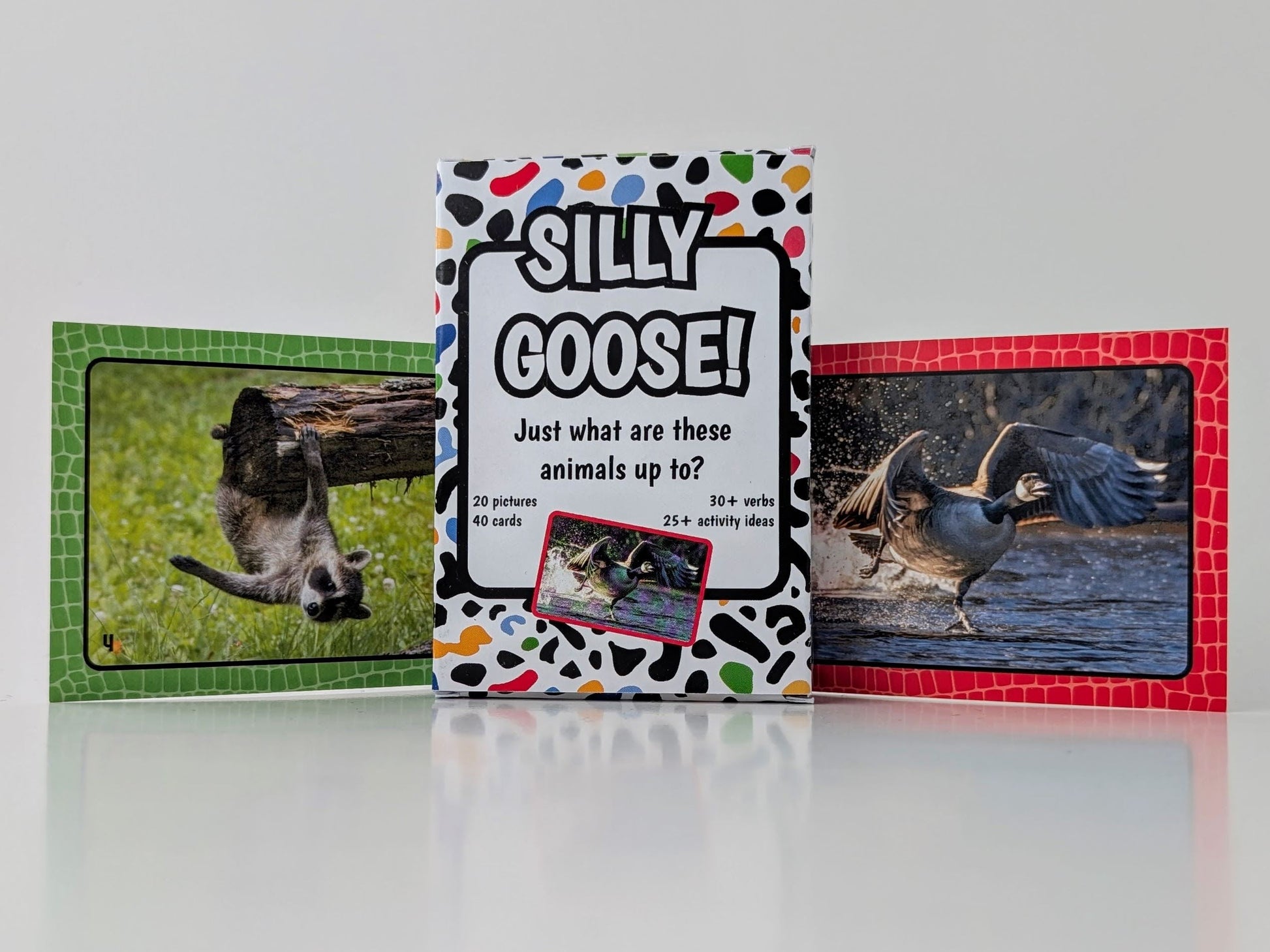 Card game titled 'Silly Goose!' with animal pictures on a white surface