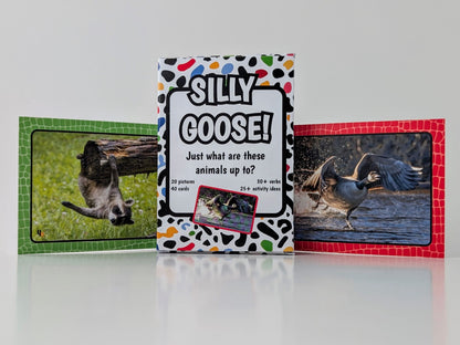 Card game titled 'Silly Goose!' with animal pictures on a white surface