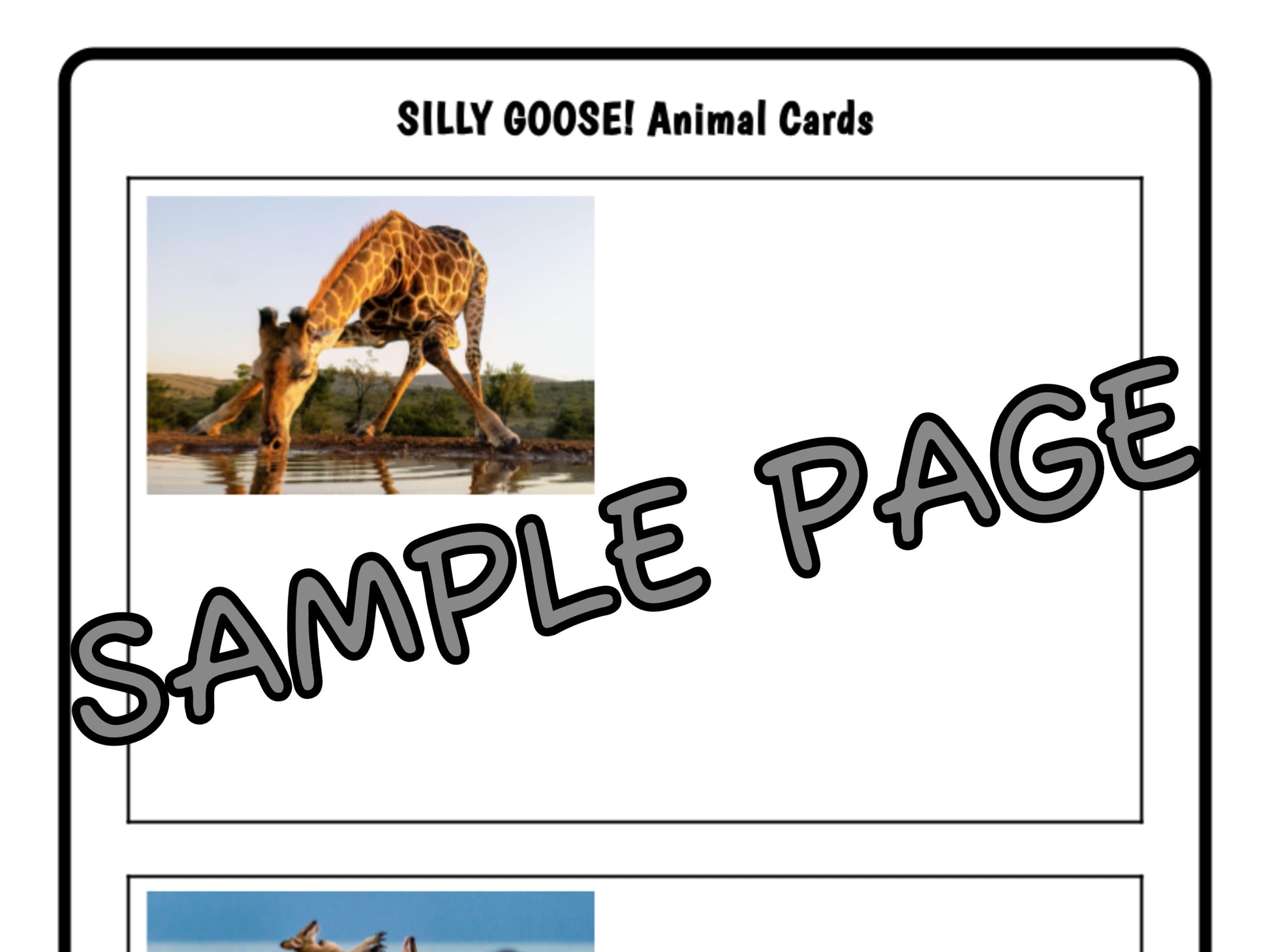 Worksheet sample page with a giraffe at a watering hole.