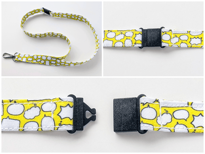 Collage of a yellow and white patterned lanyard with black clip on a light gray background
