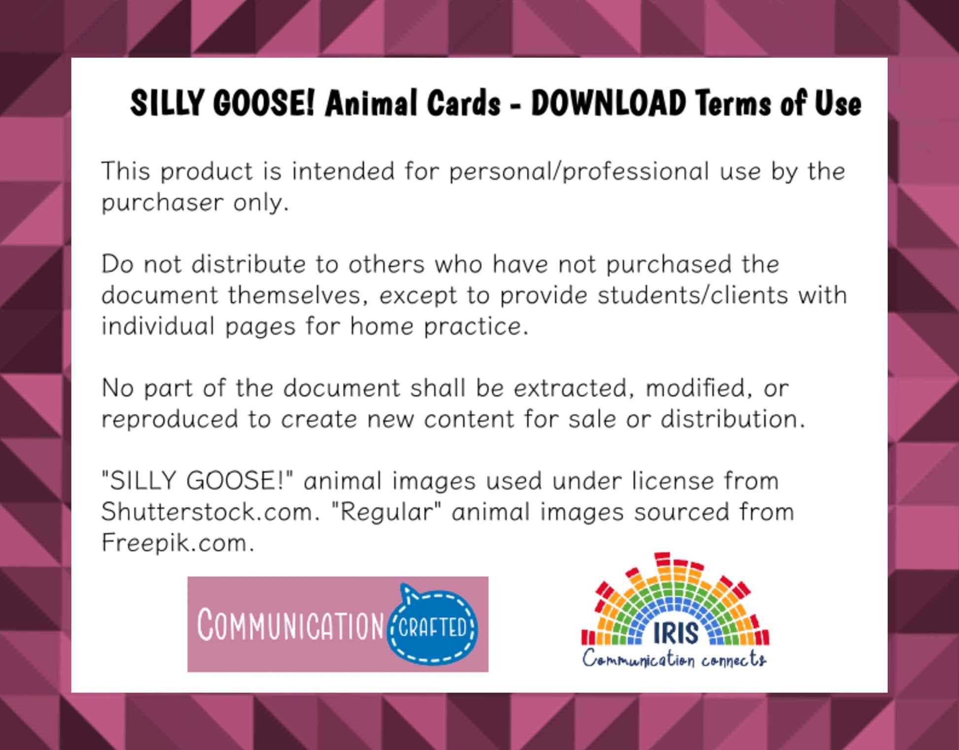 Terms of use document for SILLY GOOSE! Animal Cards with branding logos on a geometric patterned background.