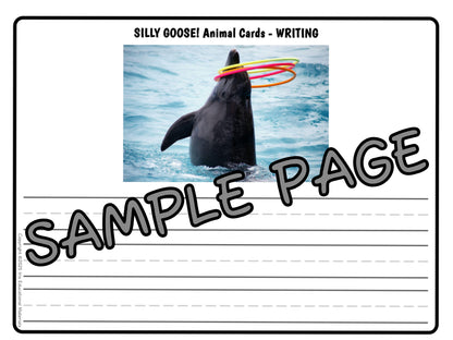 Worksheet sample page with a picture of a dolphin playing with hula hoops and lined paper.